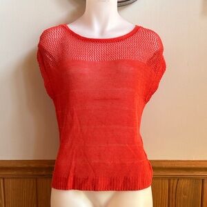 Linen Open-Knit Short Sleeve size S Sweater Vibrant Coral, lightweight, fishnet